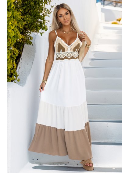 Hosszú nyári viszkóz bézs-fehér pántos ruha horgolt felsőrésszel