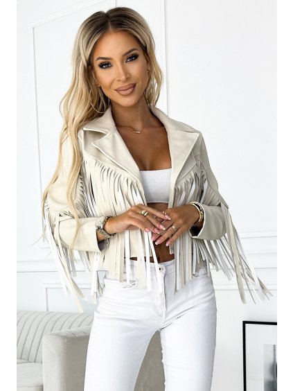 Világos bézs színű, rövid, rojtos női műbőr kabát