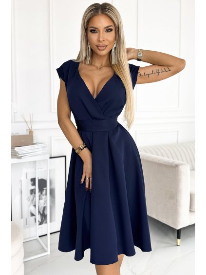 (Méret XL) Sötétkék ruha boríték nyakkivágással SCARLETT