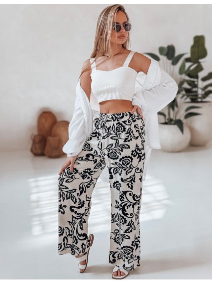 (Méret M) Fekete és krémszínű női nyári bő nadrág LOVEGARDEN virágmintával