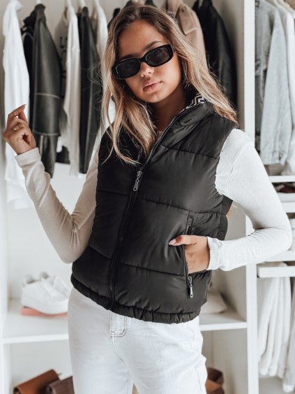 Fekete női rövid, steppelt mellény URBANELLE rugalmaselasztikusm derék