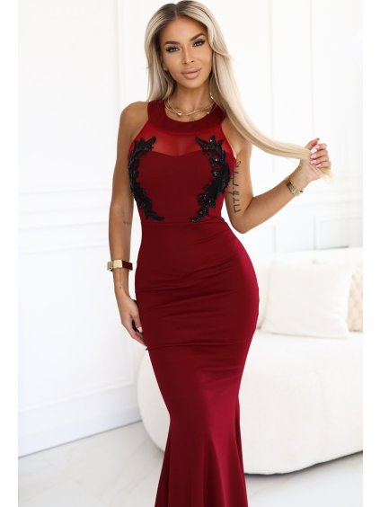 Női bordó alkalmi ruha átlátszó betéttel és fekete csipkével