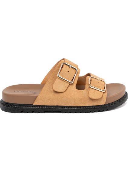 Bézs színű női papucs arany csatokkal