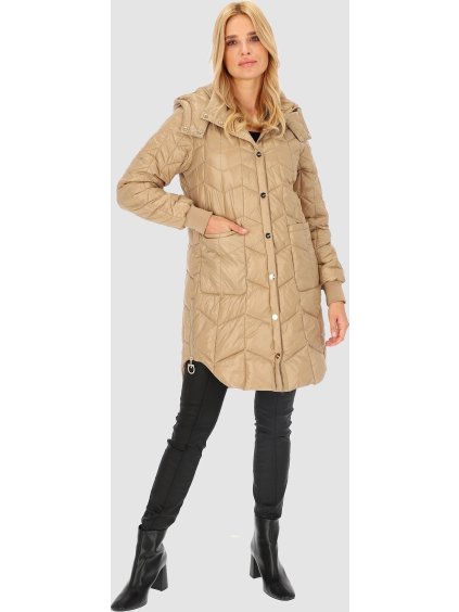 Bézs színű női steppelt kabát oldalsó hasítékokkal
