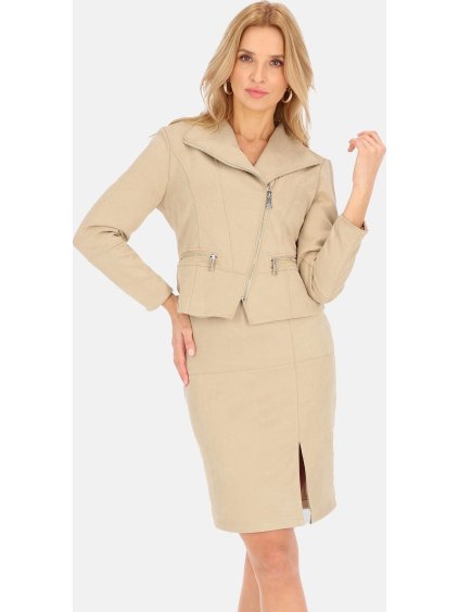 Bézs színű női rövid művelúr kabát