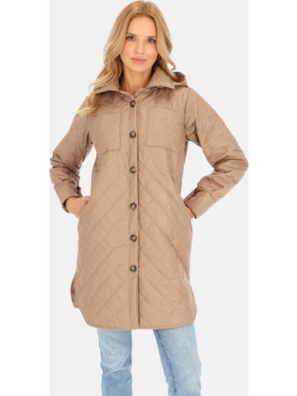 Világosbarna steppelt női kabát kapucnival