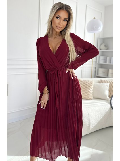 Bordó rakott ruha hosszú sifon ujjakkal