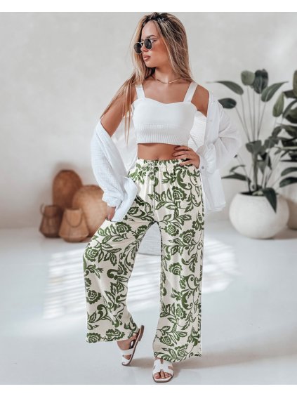 (Méret XL) Zöld-krém színű női nyári bő nadrág LOVEGARDEN virágmintával