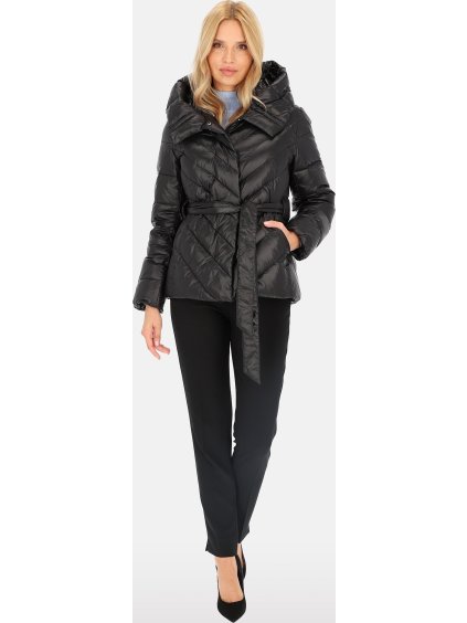 Fekete női rövid pehelykabát kapucnival és megkötővel