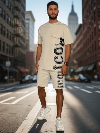 (Méret 2XL) Bézs színű férfi póló és rövidnadrág szett nyomtatással