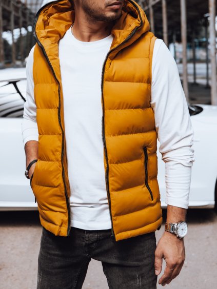Mustárszínű férfi steppelt mellény kapucnival