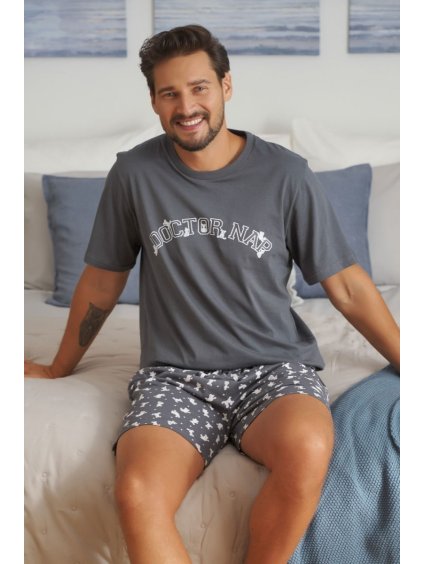 Doktor Nap szürke férfi pizsama mackós nyomtatással