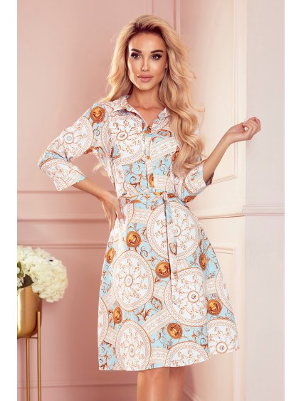 Elegáns fehér mintás ruha övvel AMALIA