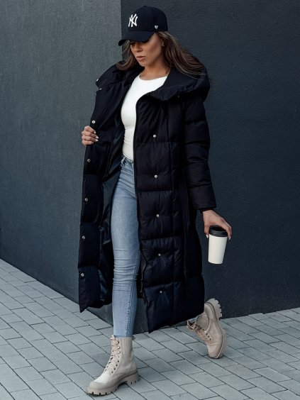 Női fekete hosszú steppelt kabát CLOUTIQUE