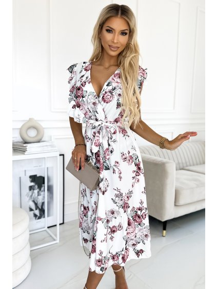 Fehér virágos, fodros midi ruha GABRIELLA