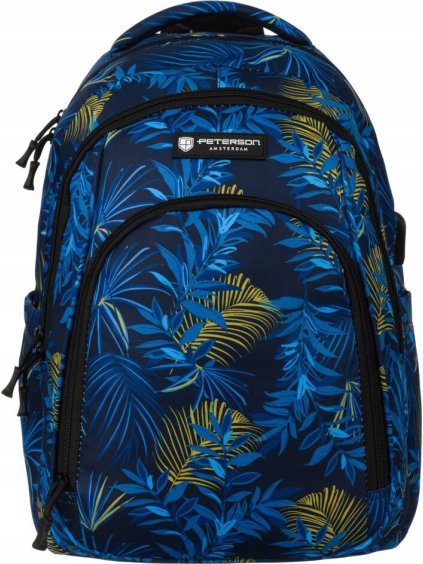 Peterson kék iskolai hátizsák növény mintával és USB-porttal
