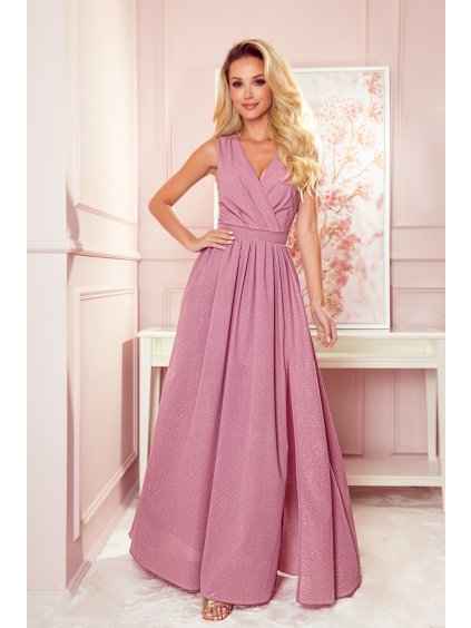 Hosszú csillogó rózsaszín alkalmi ruha V-nyakkivágással GERDA