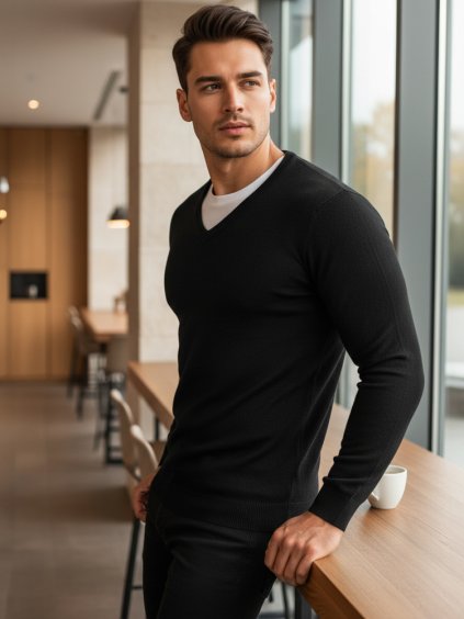 Fekete férfi V-nyakú pulóver