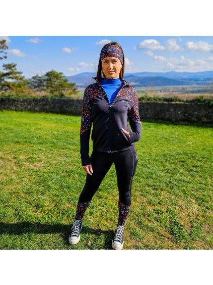 Fekete funkcionális leggings alján virágmintával (Méret S)