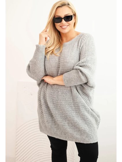 Világosszürke női kötött, plus size pulóver moher keverék anyagból (Méret ONE SIZE)