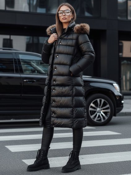 (Méret M) Fekete női steppelt téli dzseki kapucnival CROMBILA