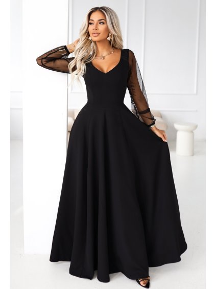 Fekete hosszú ruha tüll ujjú