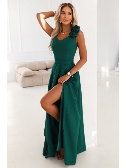 Sötétzöld estélyi maxi ruha hasítékkal és rózsákkal