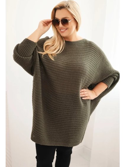 Khaki színű, plus size kötött pulóver női moher keverékből