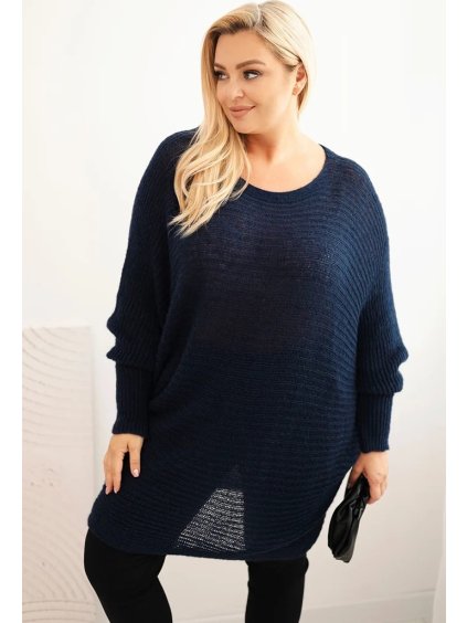 Sötétkék női kötött, plus size pulóver  moher keverék anyagból