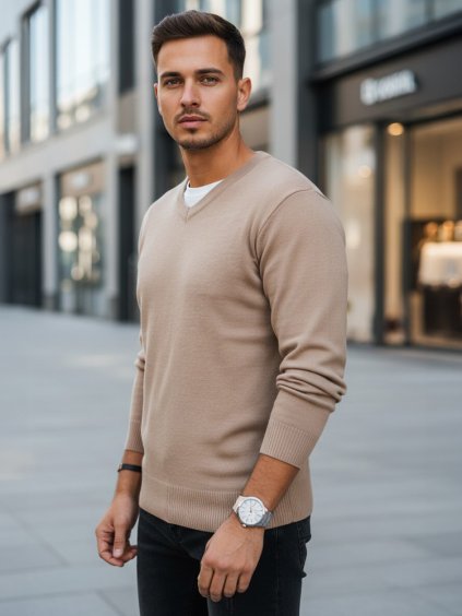 Bézs férfi pulóver  V-nyakú