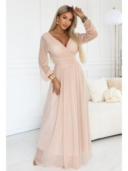 Numoco Basicbasic nőiNői maxi ruha S tüll ujjúujjú barackszínű (Méret ONE SIZE)