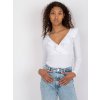 Fehér bordázott póló fodros  V- nyakkivágással