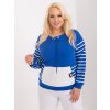 Kék pulóver kenguru zsebbel és csíkokkal