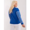 Kék pulóver kenguru zsebbel és csíkokkal