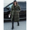 Khaki színű hosszú női steppelt kabát női övvel S FAVI
