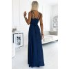 Hosszú szatén ruha nyakkivágással dupla pánttal - sötétkék (Méret S)