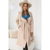 Bézs színű női kényelmes kabát színes betéttel a gallérján