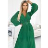 Fodros zöld sifon ruha hosszú ujjakkal és övvel KLARA (Méret ONE SIZE)