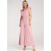 Rózsaszín női viszkóz overál övvel és díszvirággal