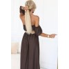 Csokoládébarna bohém maxi ruha nyitott vállakkal és kötött övvel