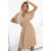 Bézs színű, rakott midi ruha LYRA, áttört nyakkivágással és övvel