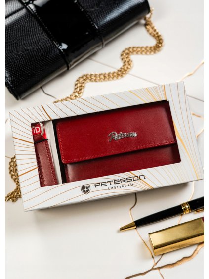 Peterson darčeková sada červenej strednej peňaženky a kľúčenky Q025