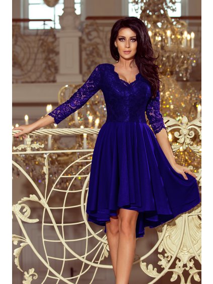 Modré šaty s čipkovými rukávmi FRANCESCA