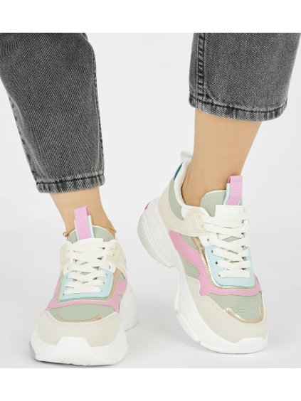 Športové dámske topánky na hrubej podrážke - smotanovo-zelené