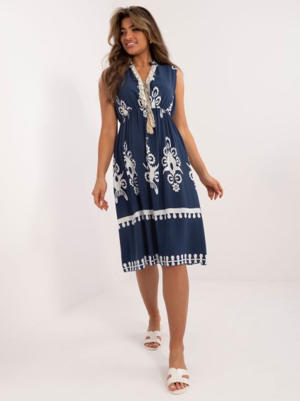 Tmavomodré letné midi šaty so strapcami