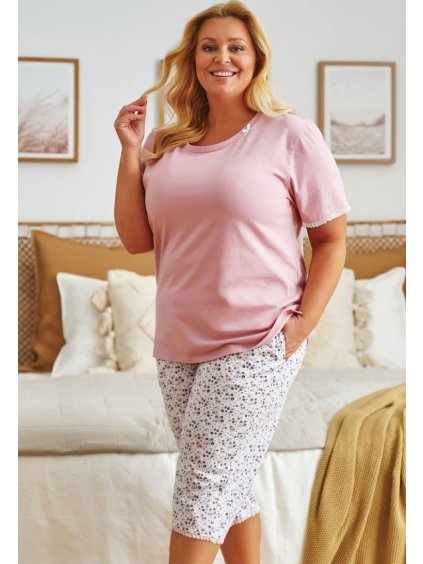 (Veľ. 2XL) Doctor Nap Dámske ružové pyžamo s kvetinovými 3/4 nohavicami (Veľkosť 2XL)