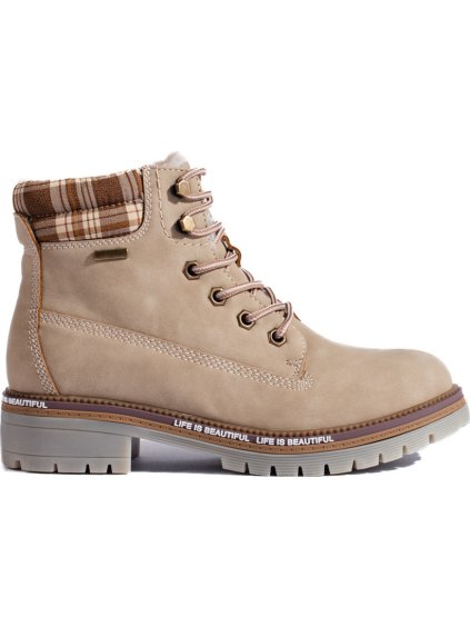 Dámske béžové workery s károvanou vsadkou