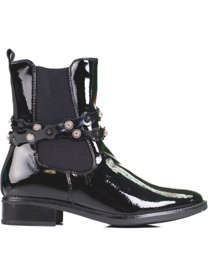 Čierne lakované členkové topánky na plochom podpätku