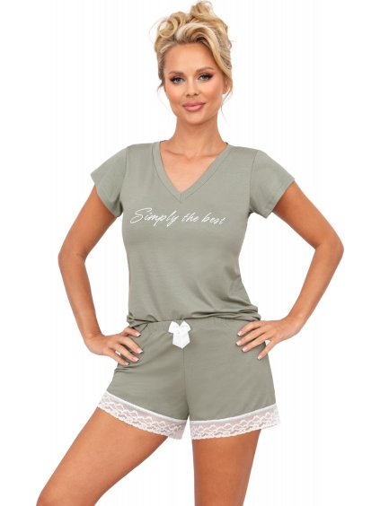 Krátke khaki pyžamo s čipkovým lemom Simply Olive