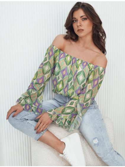 Zelená vzorovaná blúzka so spadnutými ramenami SPRIAN